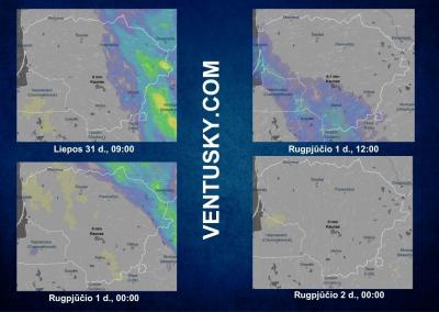 Ventusky.com programėlės kritulių prognozė ir faktiniai duomenys.